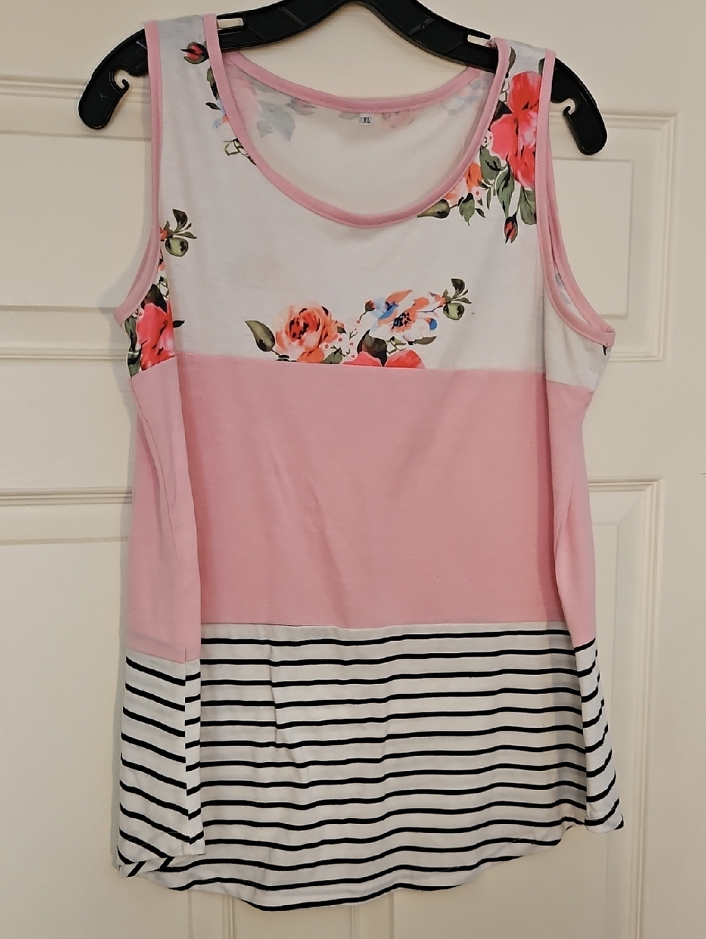 Floral & Striped Sleeveless Colorblock Tank - Pink, White, Black